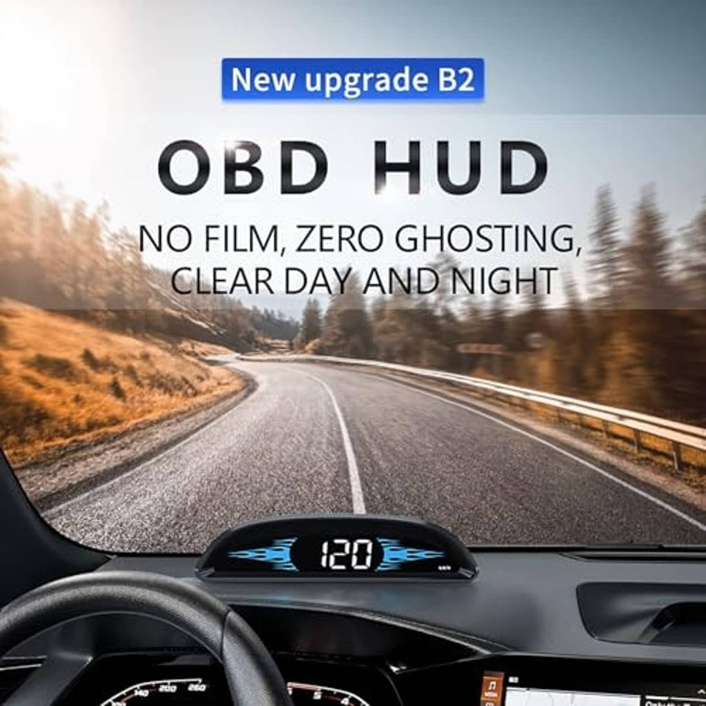 OBD HUD speedometer display on dashboard with glowing blue digits in curved unit