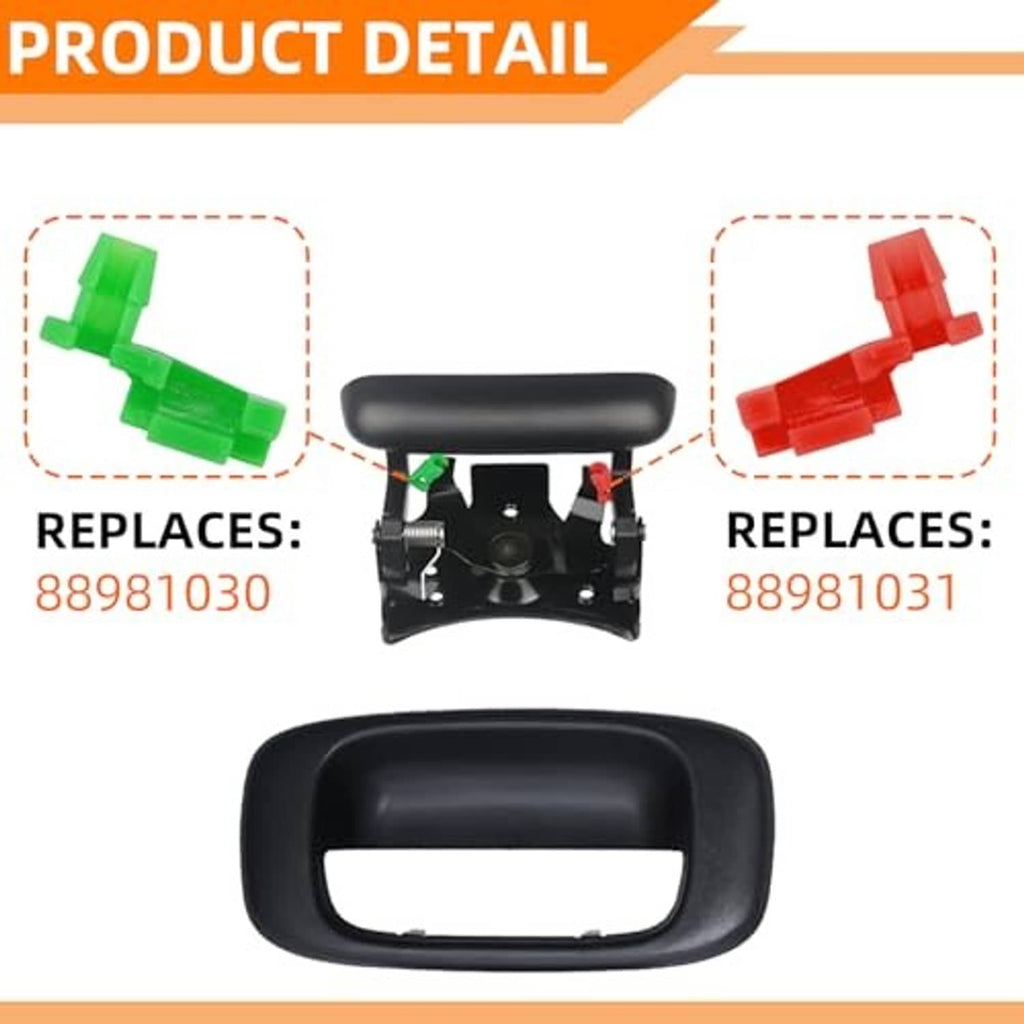 Black door handle with tailgate latch rod clip replacements, green and red icons