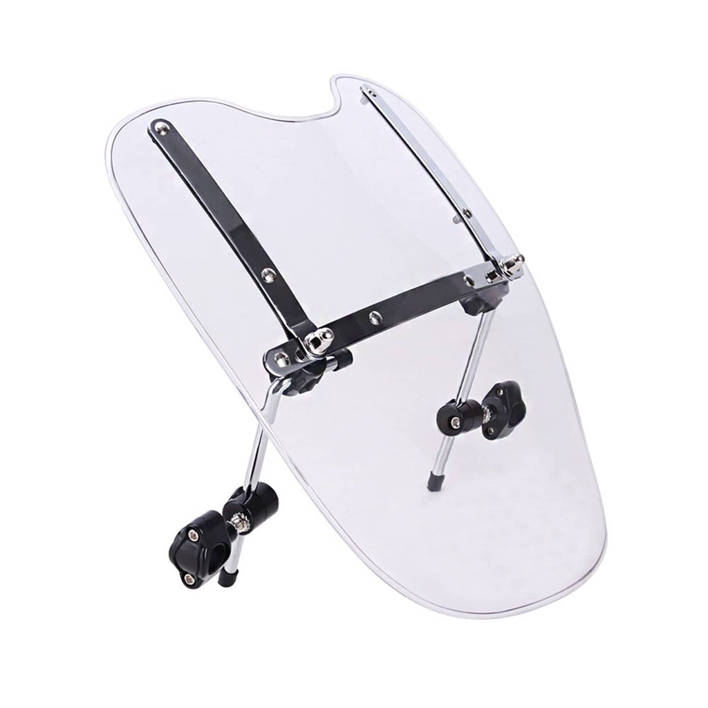 Clear motorcycle windshield with black mounting hardware, angled side view.