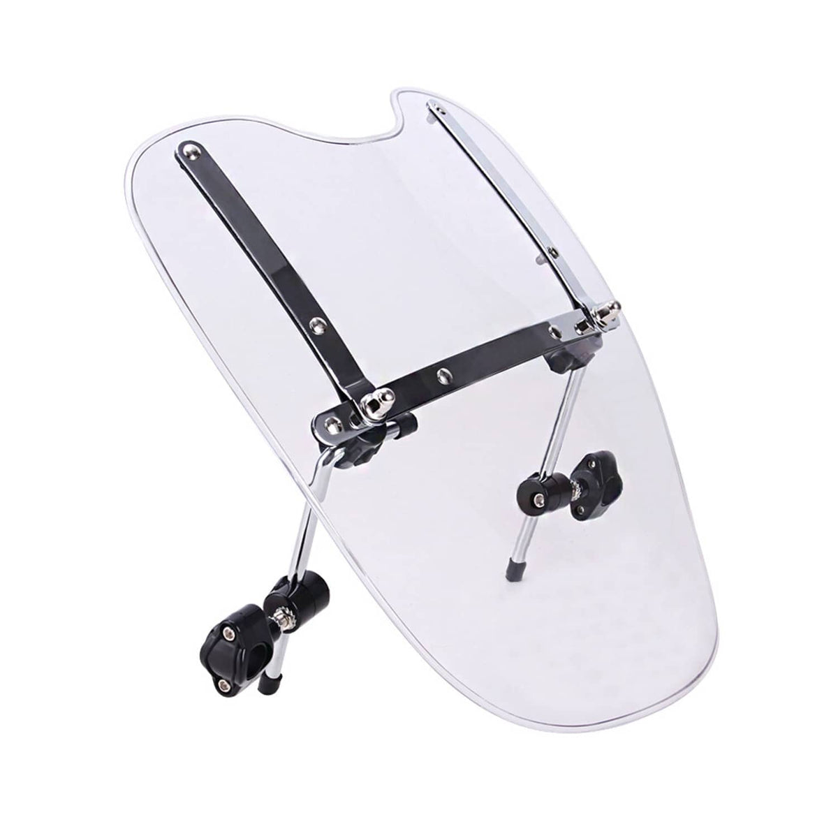 Clear motorcycle windshield with black mounting hardware, angled side view.