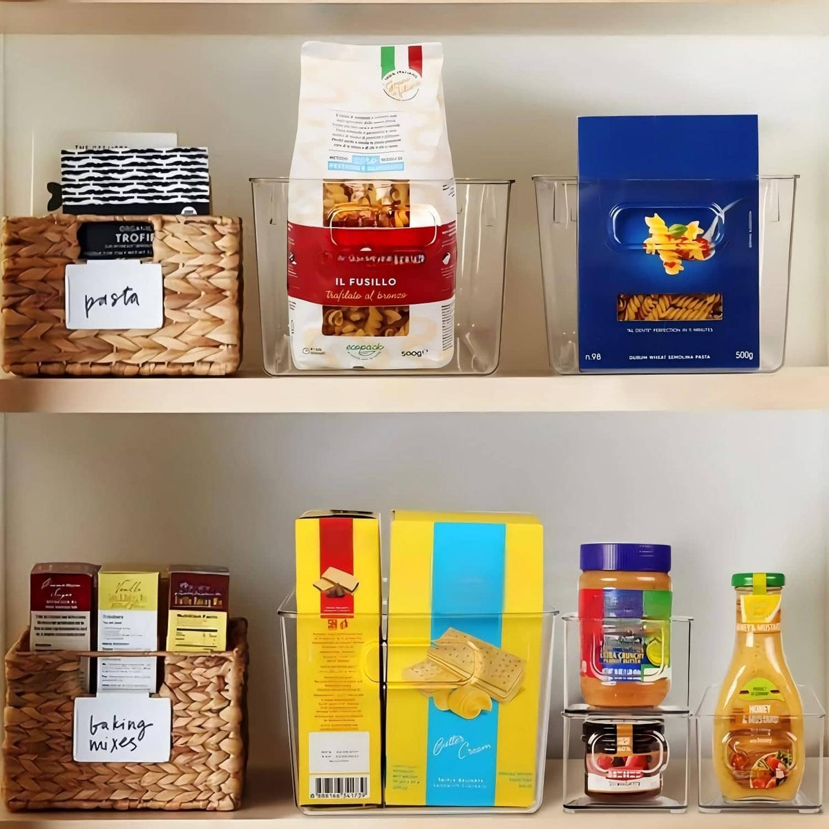 Clear plastic storage bins with handles, arranged on a kitchen shelf