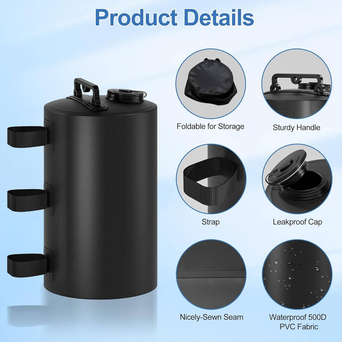 Black cylindrical water weight bag with foldable top handle, side straps, and leakproof cap