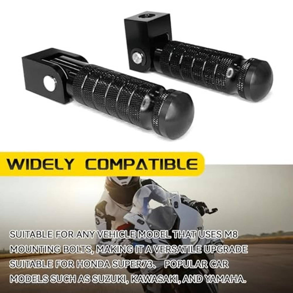 Universal black motorcycle foot pegs with textured grips and square mounting brackets