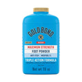 Blue foot powder bottle with gold cap, triple action formula and net wt 10 oz shown