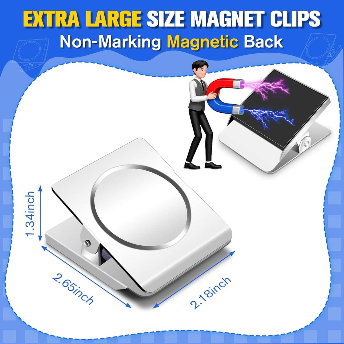 Extra-large heavy-duty magnetic clips with non-marking back, set of 2, silver finish