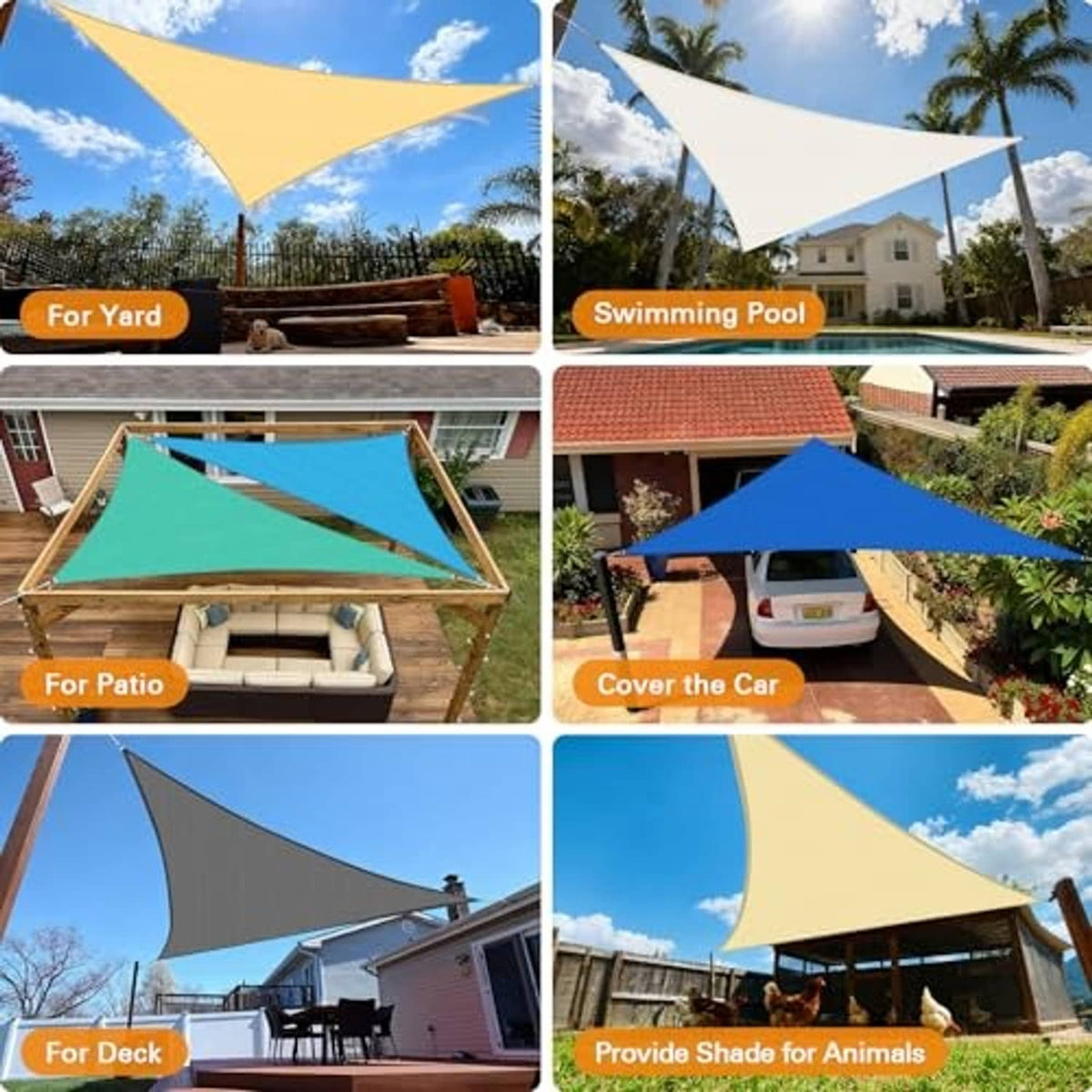 Triangle sun shade sail used for outdoor yard, patio, deck, pool, and car shade