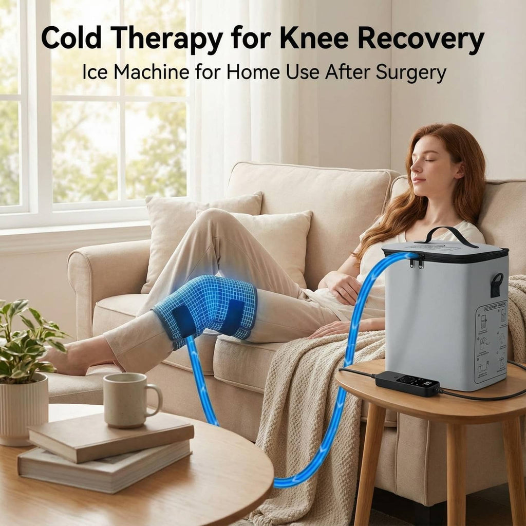 Gray ice therapy machine with blue tubing and knee cooling wrap on a couch