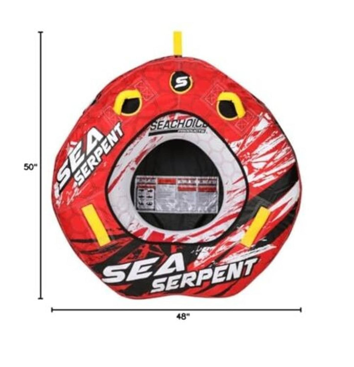 Sea Serpent towable tube with dimensions 48 in wide, 50 in tall