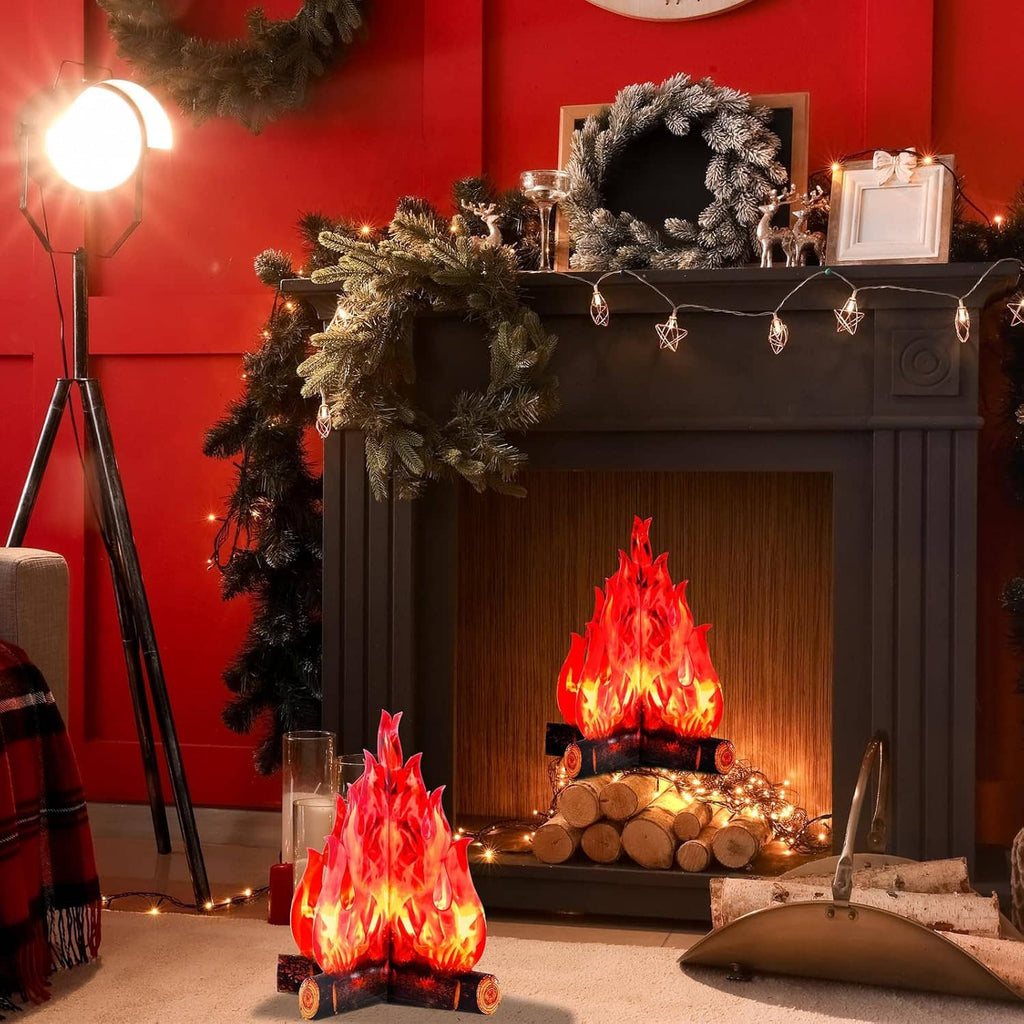 Fake campfire centerpiece on a log base with bright flames for holiday decor