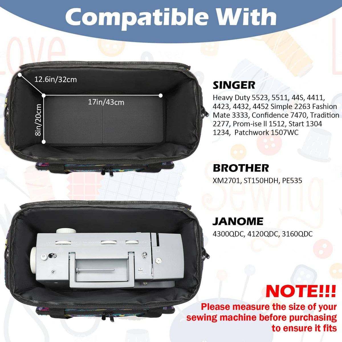 Sewing machine case interior view with dark lining and compartments; zip-top storage space.