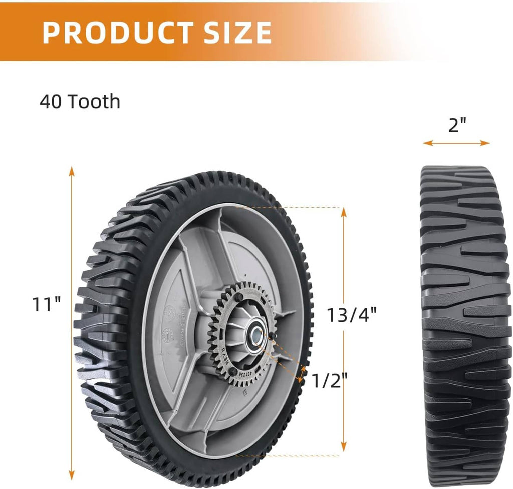 Two 11-inch mower wheels with 40-tooth tread, side profile with size indicators