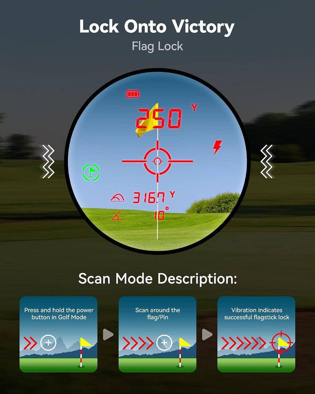 Golf laser rangefinder close-up with circular view display and flag-lock status
