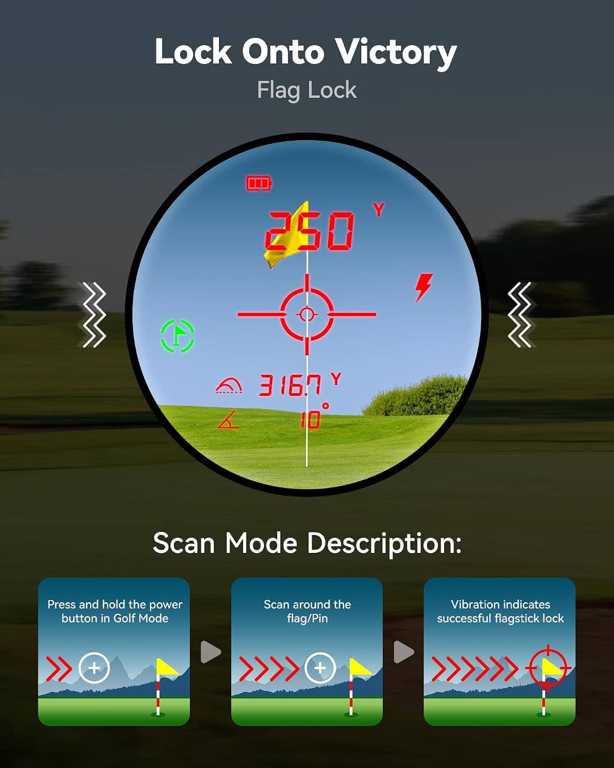 Golf laser rangefinder close-up with circular view display and flag-lock status