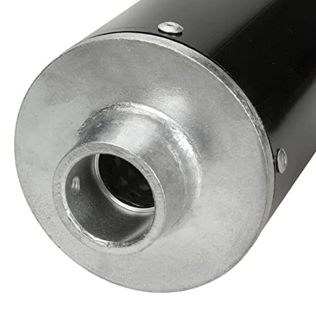 Exhaust muffler silencer end view with silver mounting flange on black cylinder body