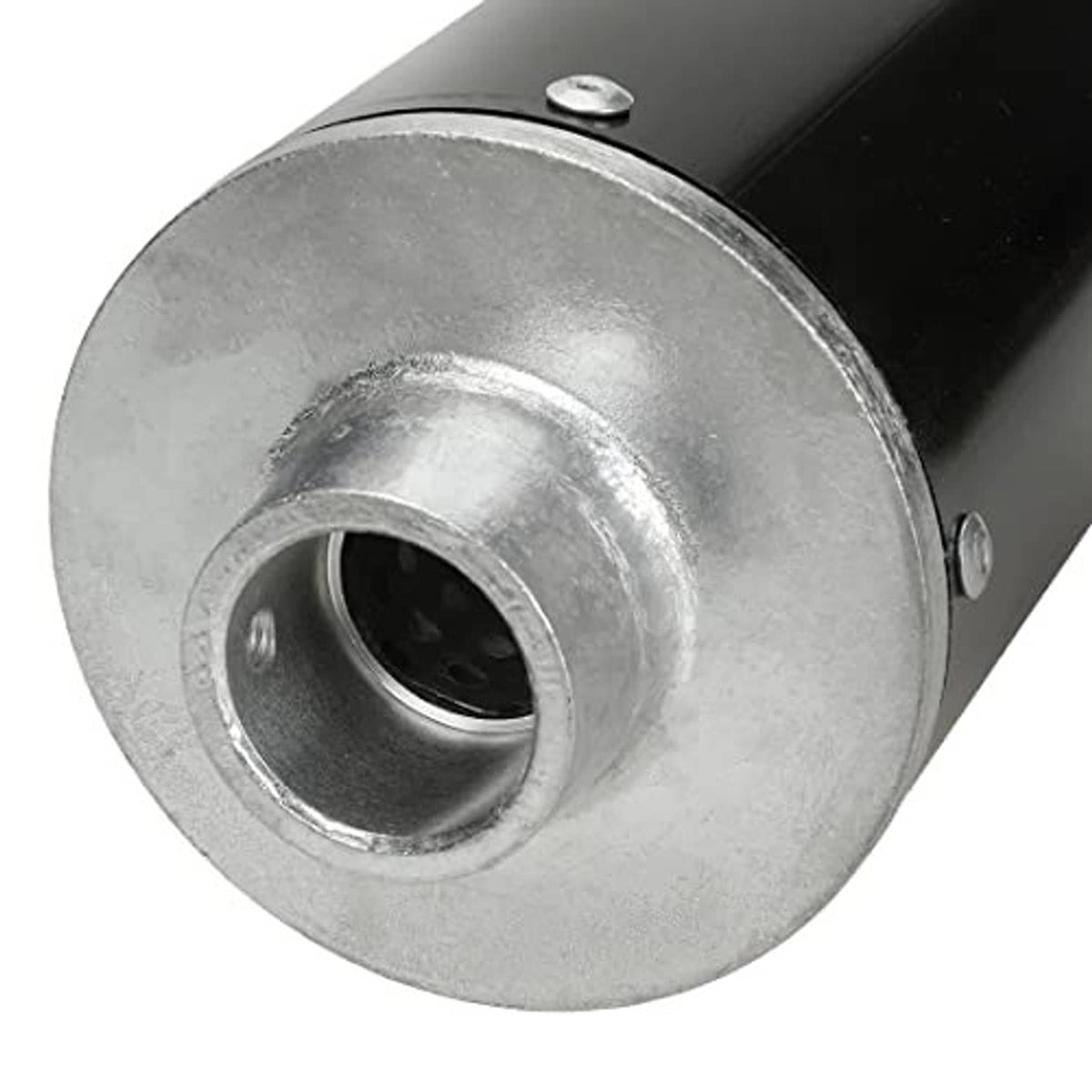 Exhaust muffler silencer end view with silver mounting flange on black cylinder body