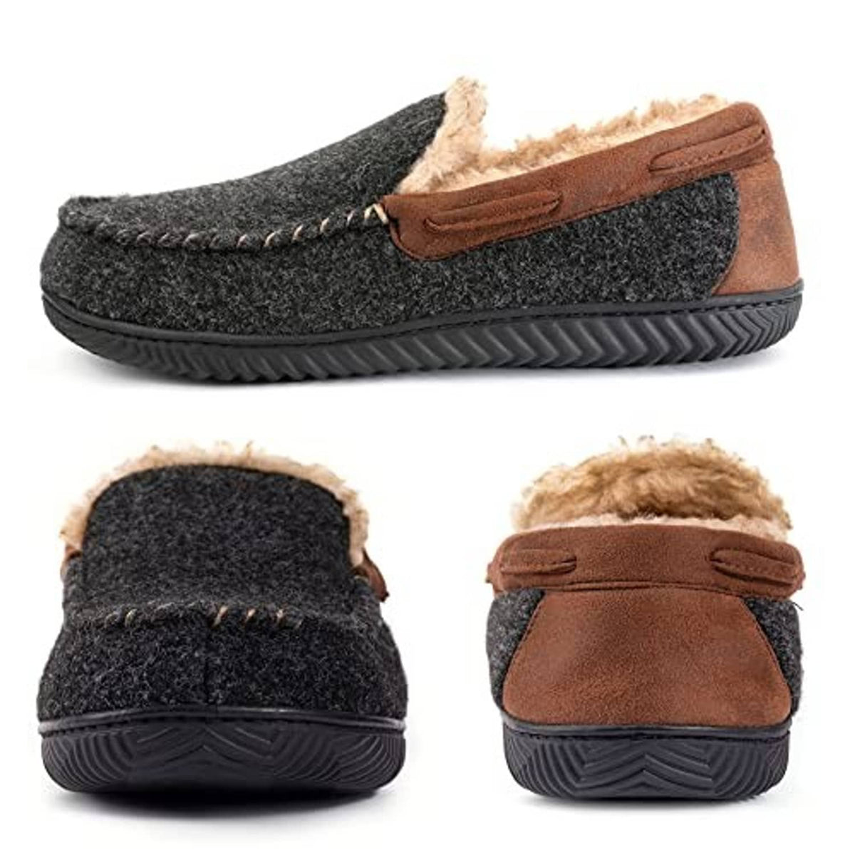 Men's moc slipper set view: charcoal knit, brown strap, tan lining, textured sole