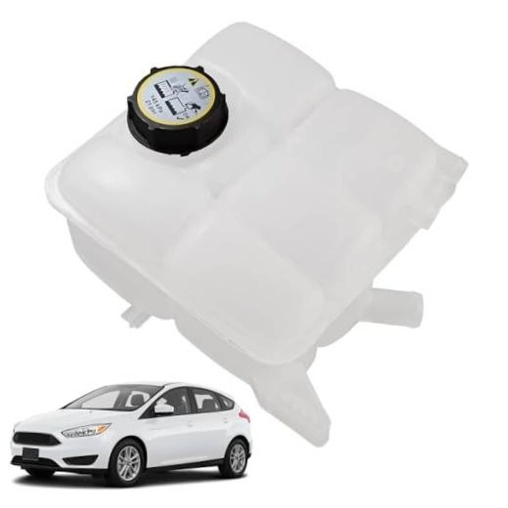 Engine coolant recovery reservoir tank with black cap on white plastic housing
