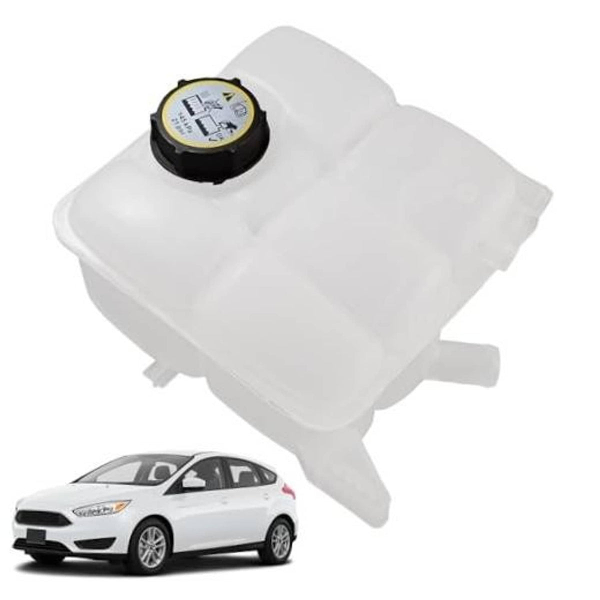 Engine coolant recovery reservoir tank with black cap on white plastic housing