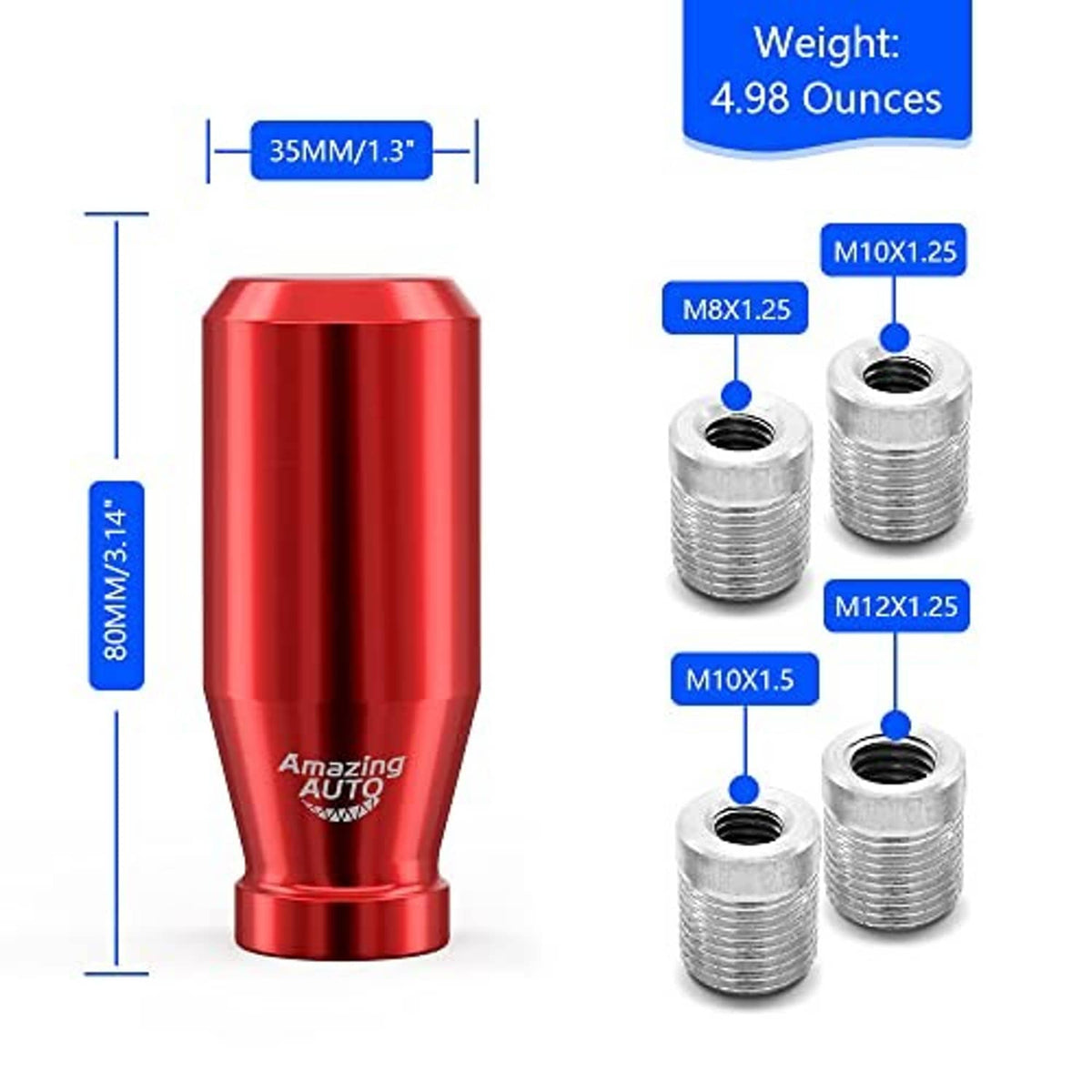Red 6-speed weighted gear shift knob with dimensions view and silver threaded adapters