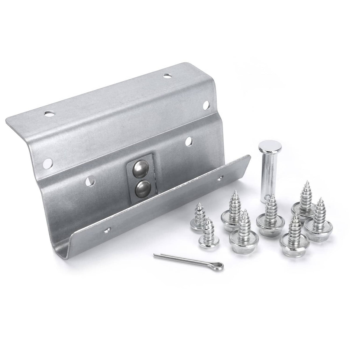Silver trolley arm operator bracket with included screws and hex tool, hardware kit