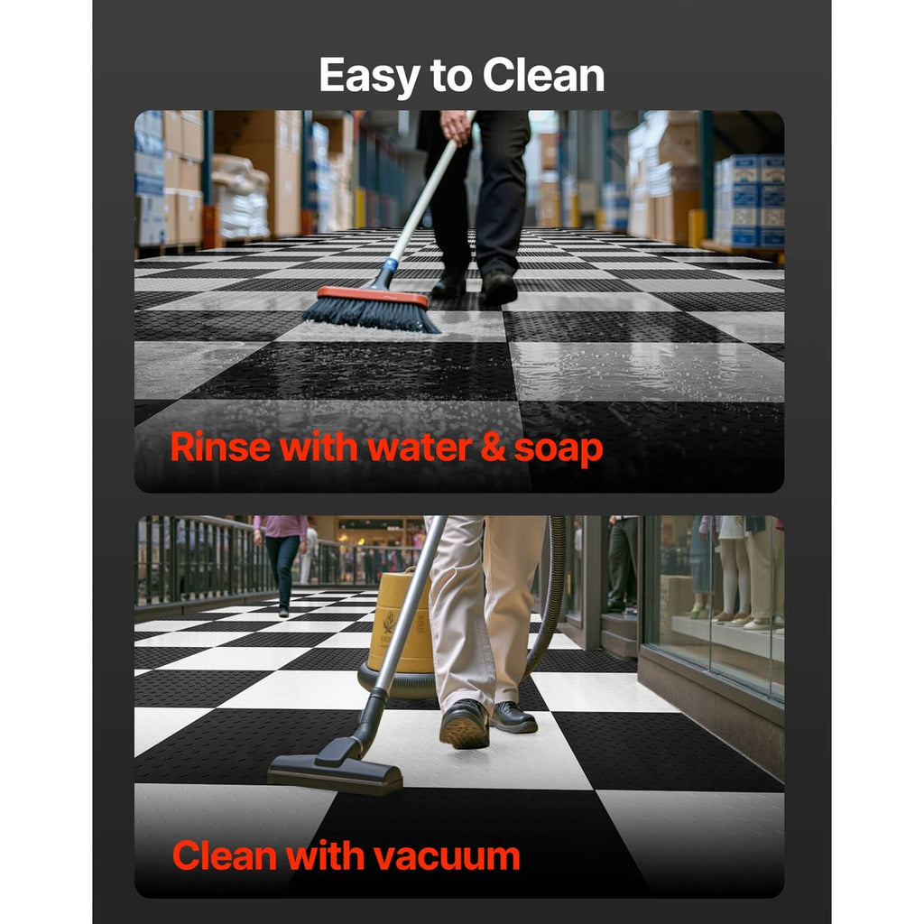 Interlocking PVC floor tiles with textured grip surface on a wet-cleaned floor
