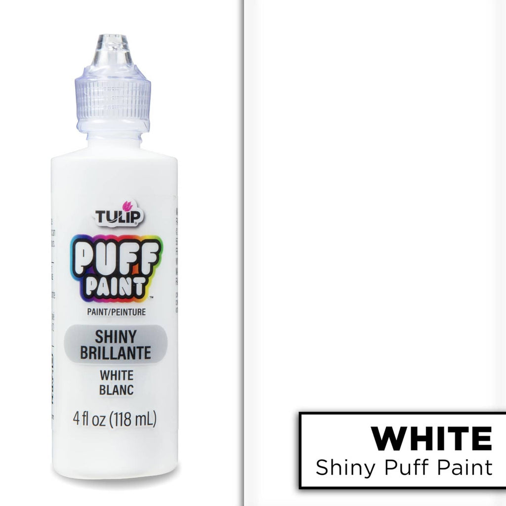 Tulip Puff Paint shiny white 4 fl oz bottle with front label and side text box.