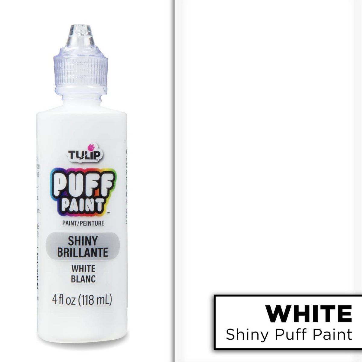 Tulip Puff Paint shiny white 4 fl oz bottle with front label and side text box.