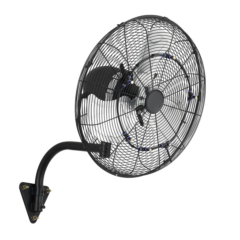Close-up wall-mounted fan with black mesh grille, curved support arm and mounting plate