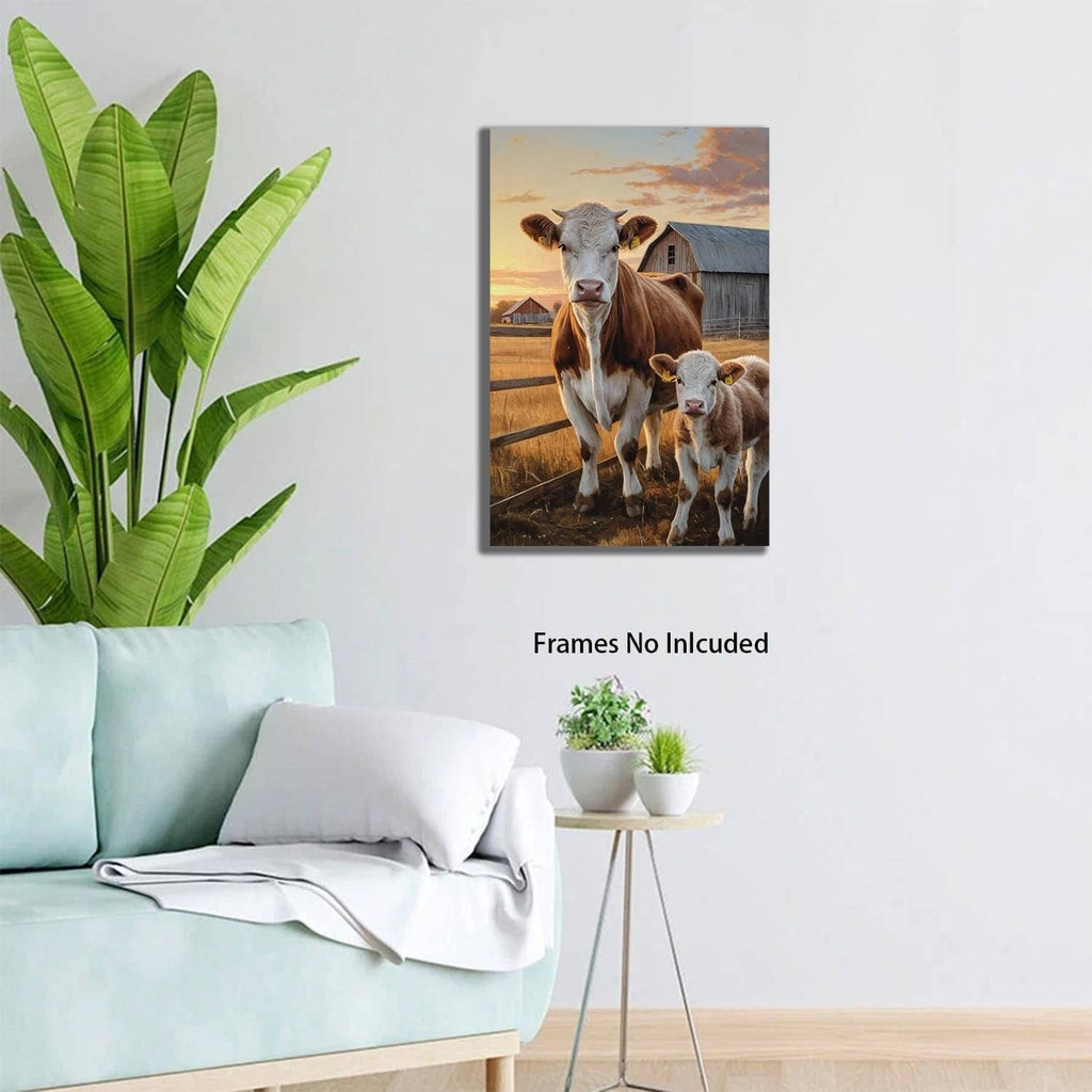 Small framed rustic farm canvas wall art with brown cow and gray calf portrait