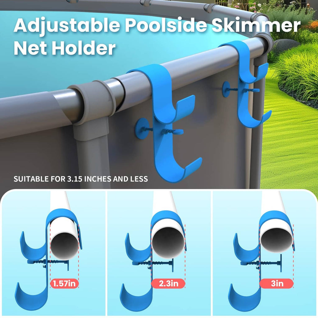 Adjustable poolside skimmer net holder with blue hooks on gray pole