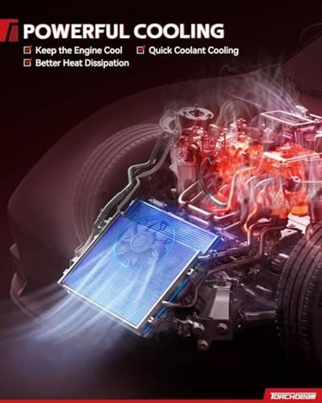Radiator cooling fan illustration showing strong airflow cooling