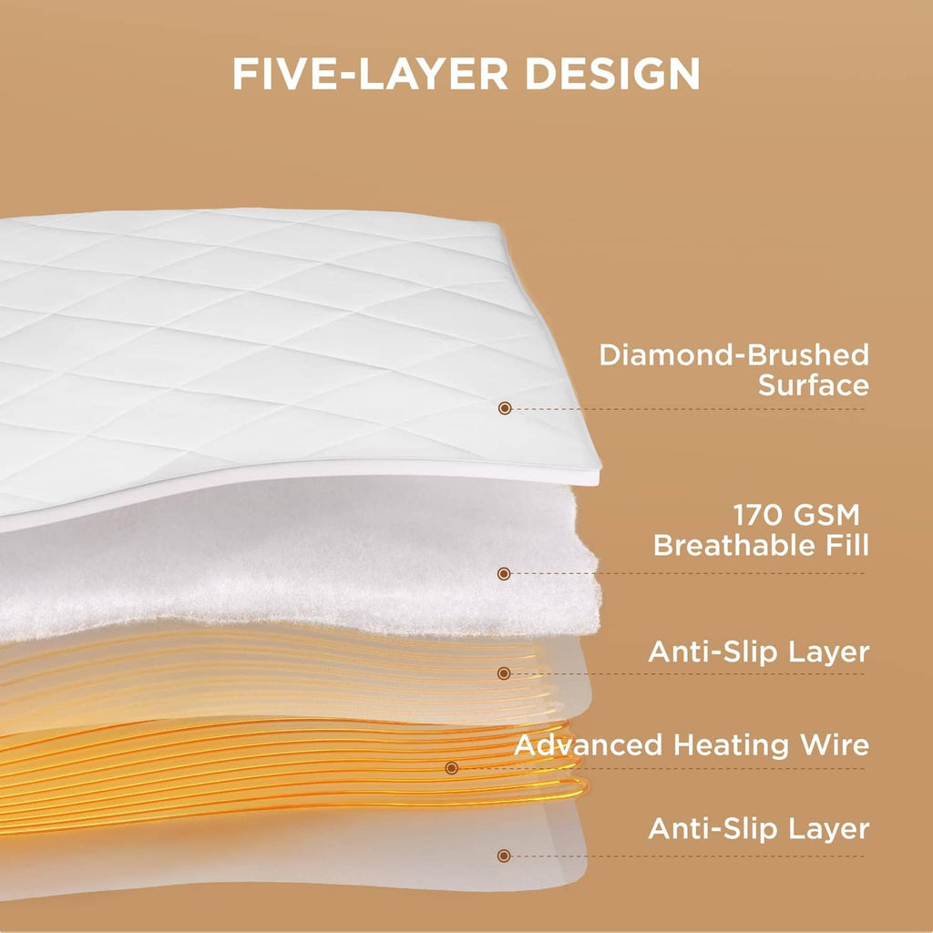 White heated mattress pad with layered design and diamond-brushed surface texture