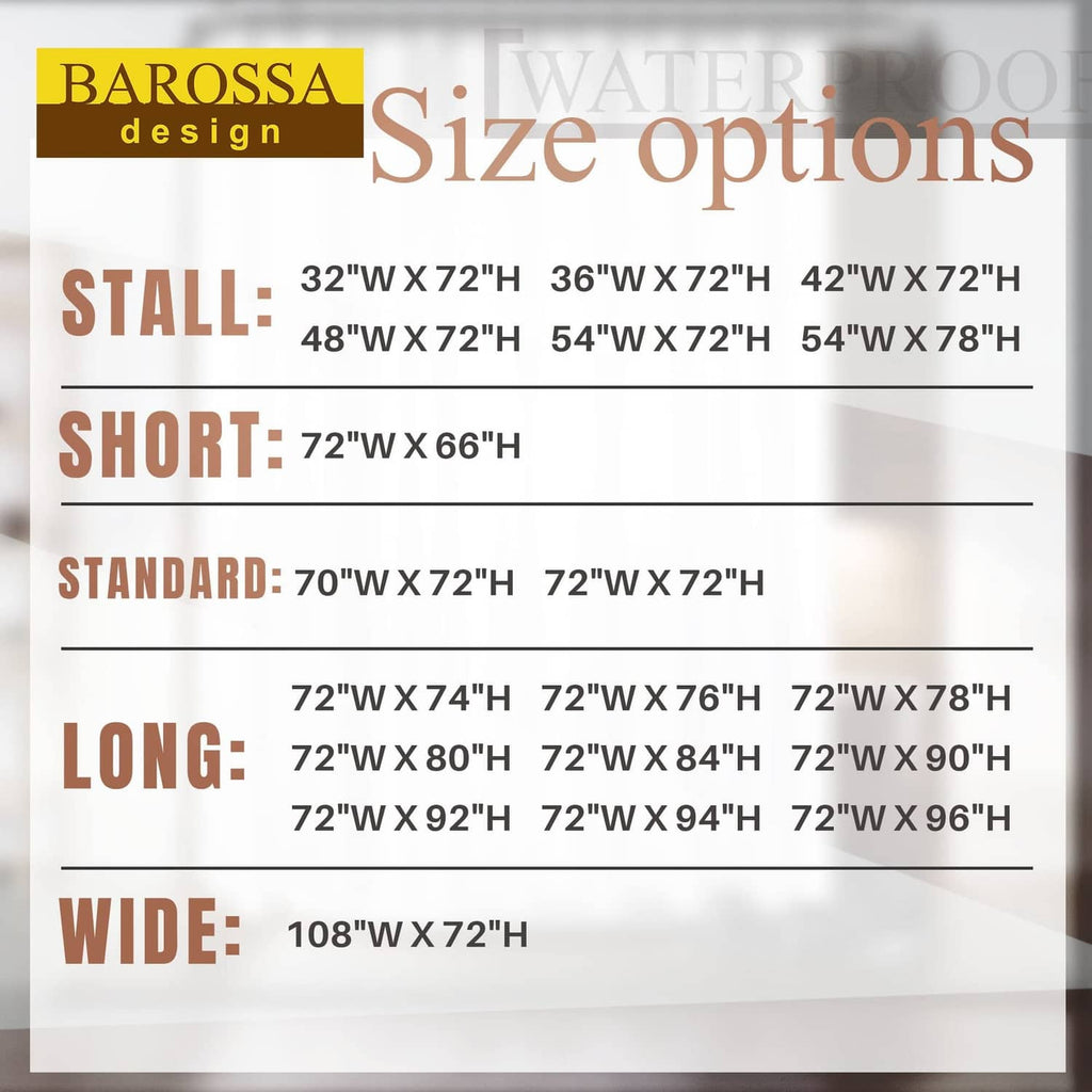 Shower curtain liner size options chart: stall, short, standard, long, and wide