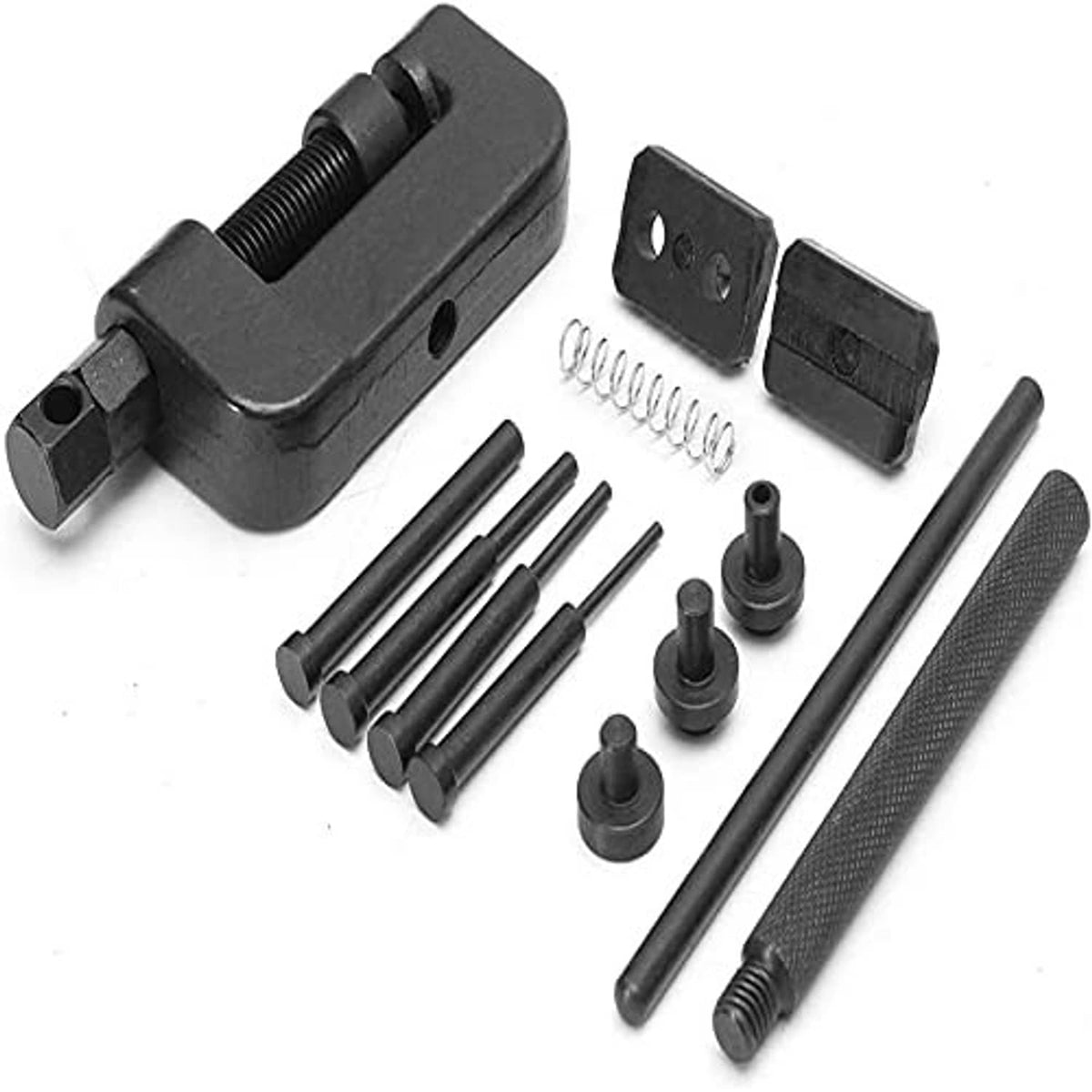 Black chain breaker tool with handle plus spring and punch pin replacement parts