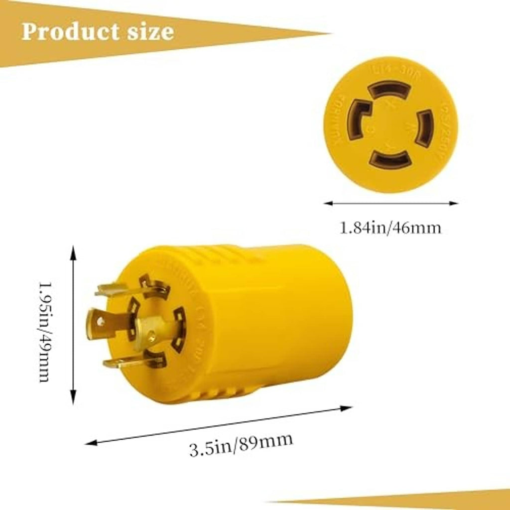 Yellow 4-prong NEMA twist-lock adapter with connector, L14-20P to L14-30R