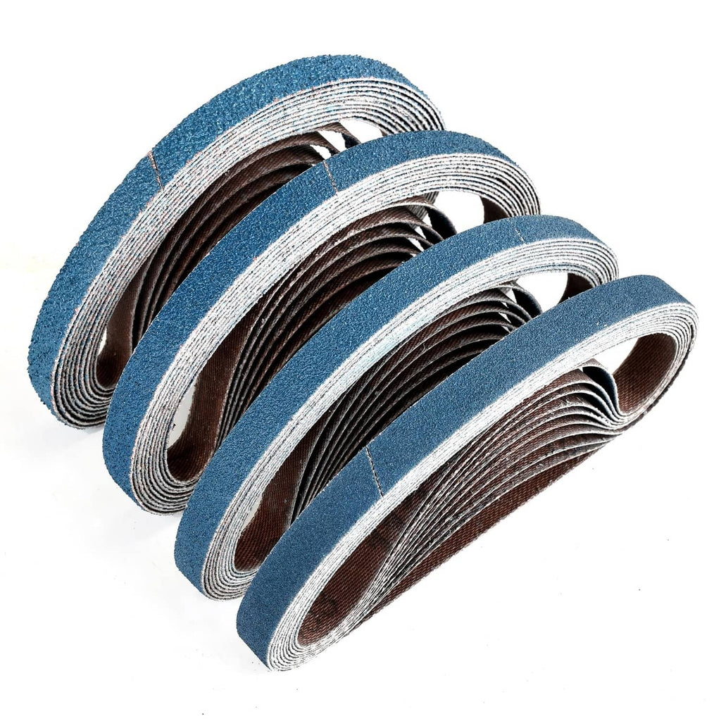 Blue zirconia sanding belts rolls, assorted grits on compact strips