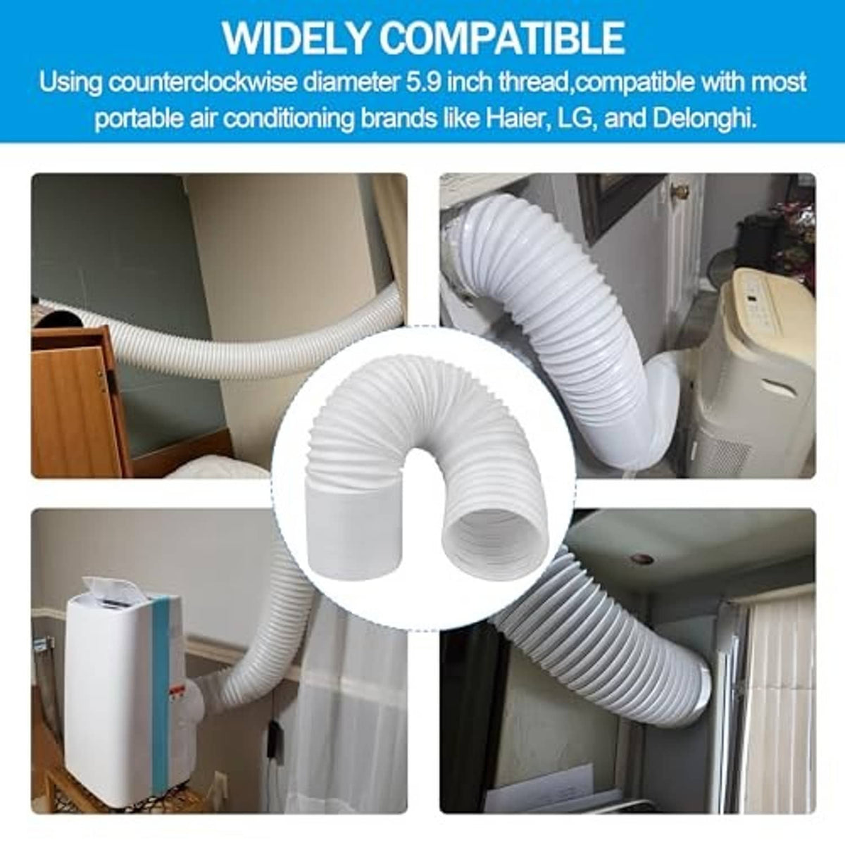 White ribbed exhaust hose connected to a portable air conditioner vent, flexible coil