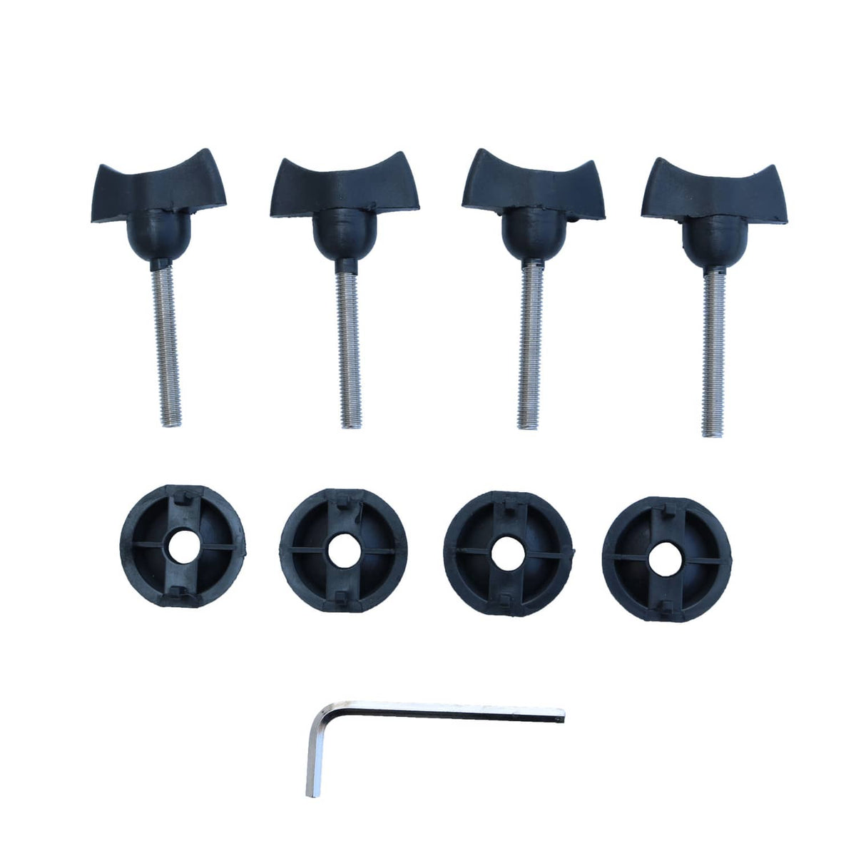 Roof rack cross bars mounting kit parts: black clamps, washers, and hex wrench