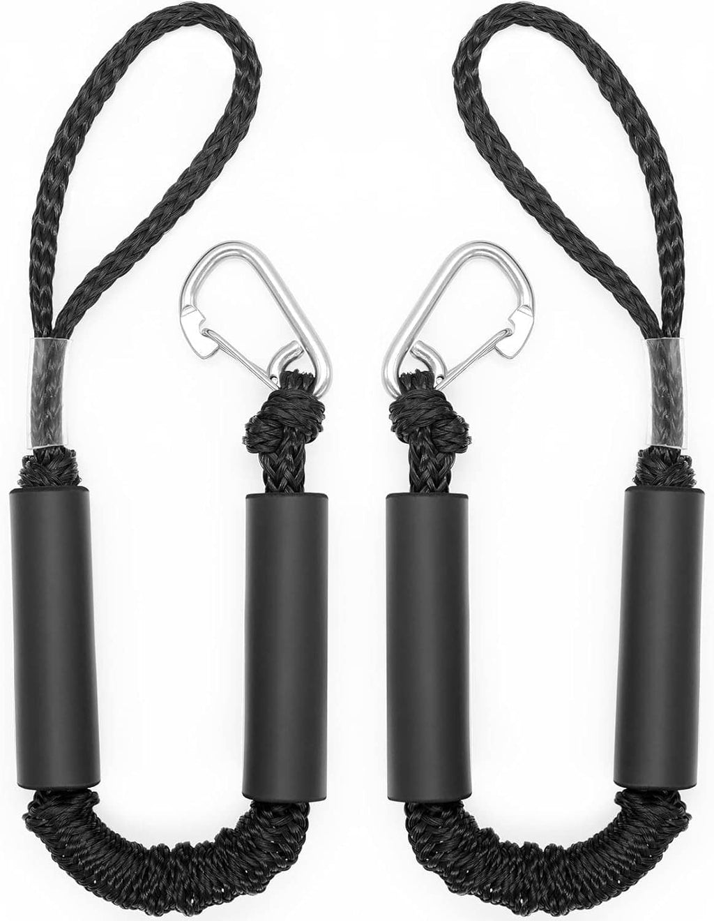 Black bungee dock line pair with black foam sleeves and stainless steel hooks