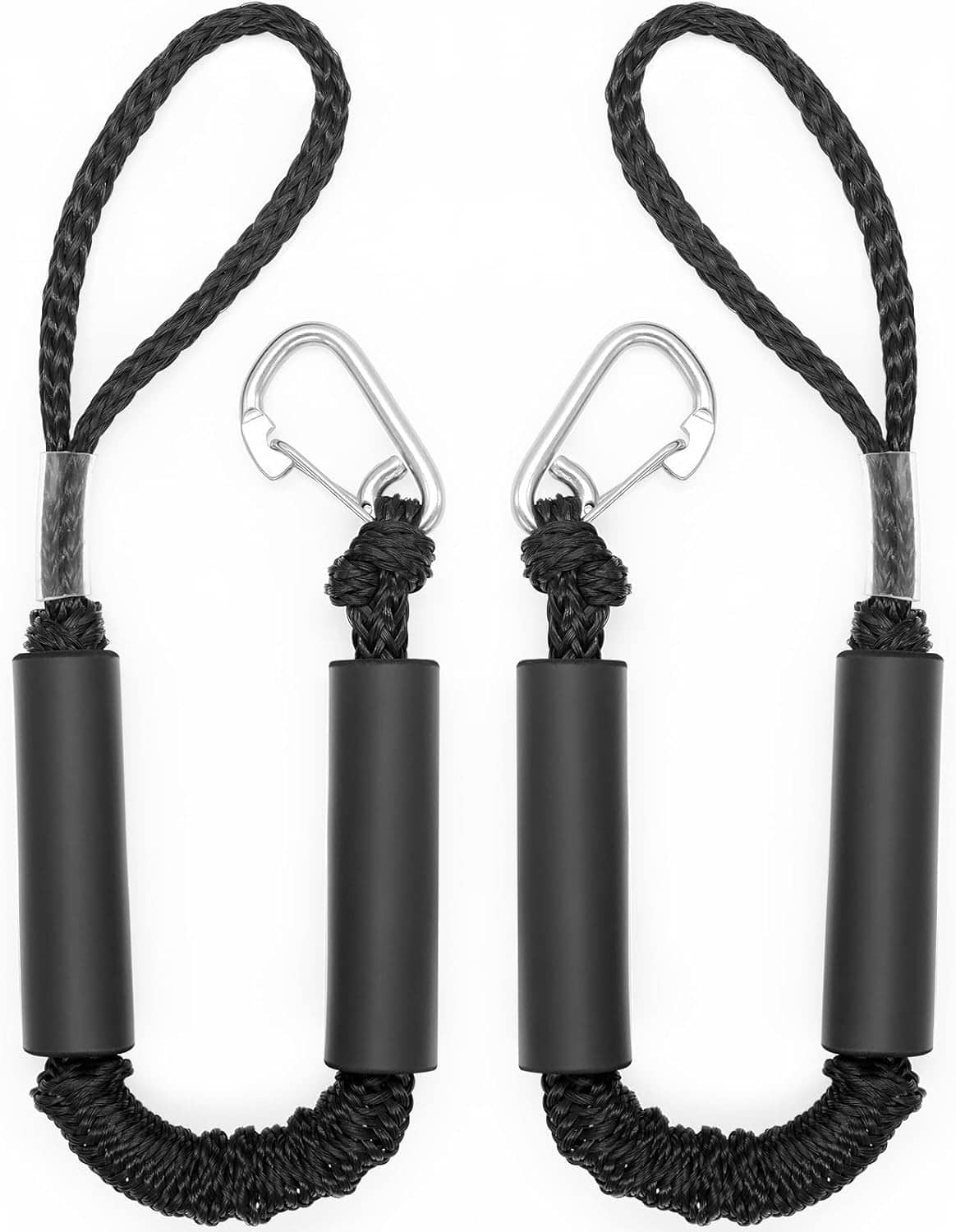 Black bungee dock line pair with black foam sleeves and stainless steel hooks