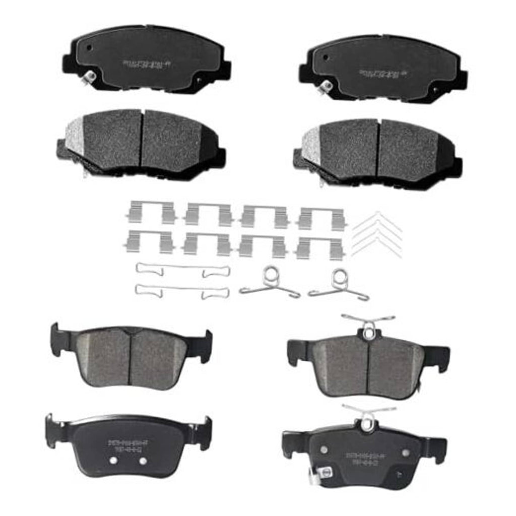 Ceramic front and rear disc brake pads kit with mounting hardware, black pads and clips