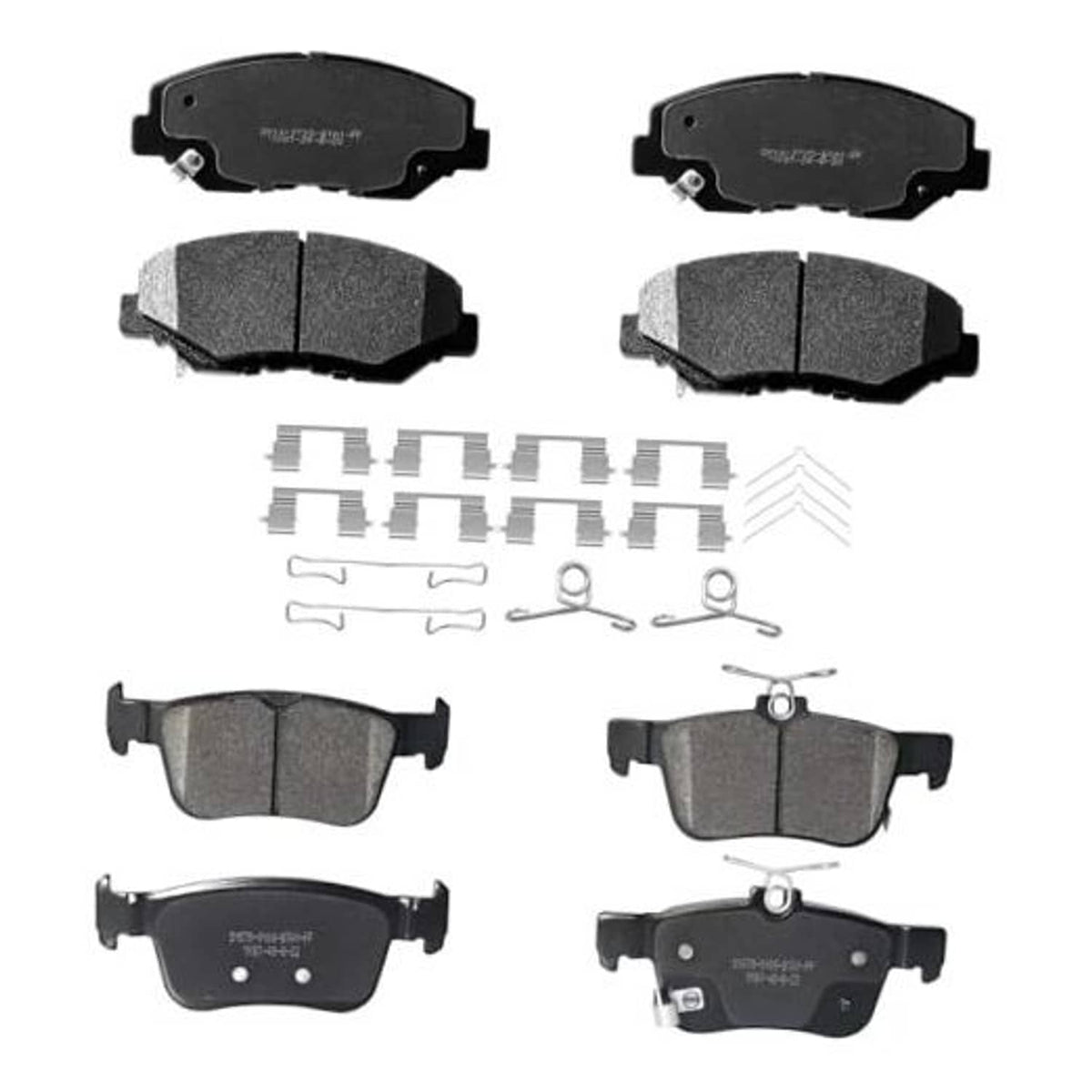 Ceramic front and rear disc brake pads kit with mounting hardware, black pads and clips