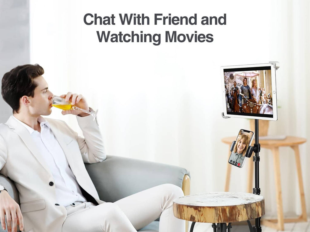 iPad tripod stand with tablet clamp for watching movies and video calls