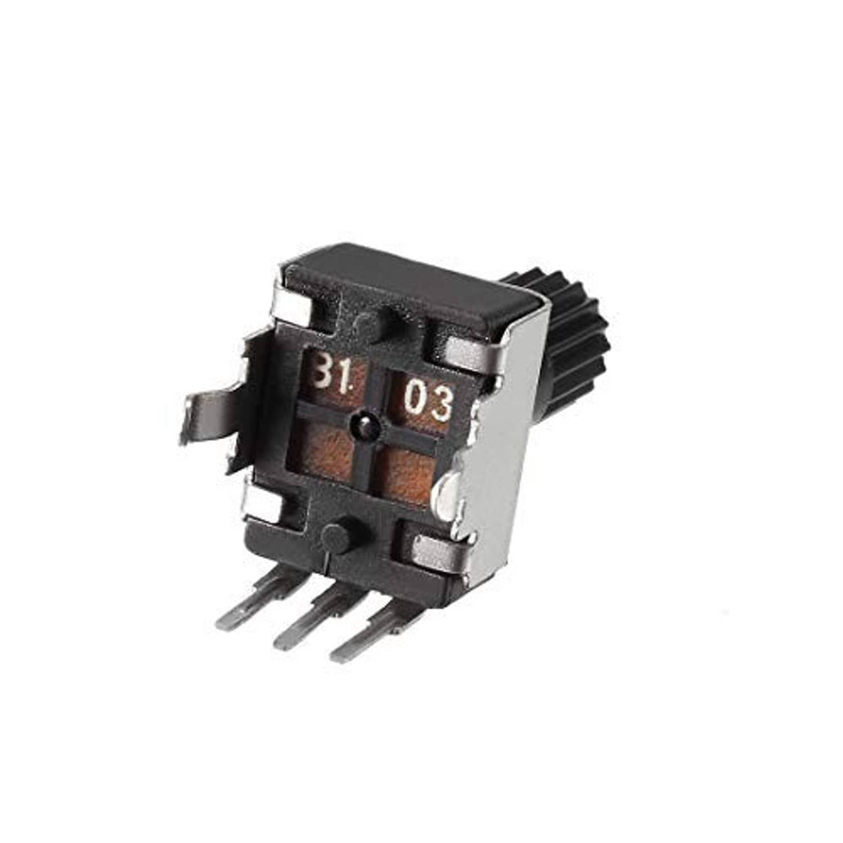 Rotary potentiometer with side terminals and marking block on black housing