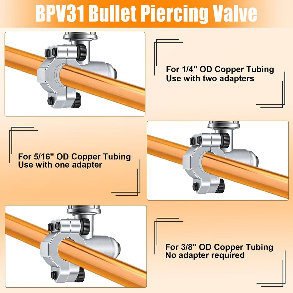 Silver bullet piercing valve with clamp for copper tubing, shown with adapters