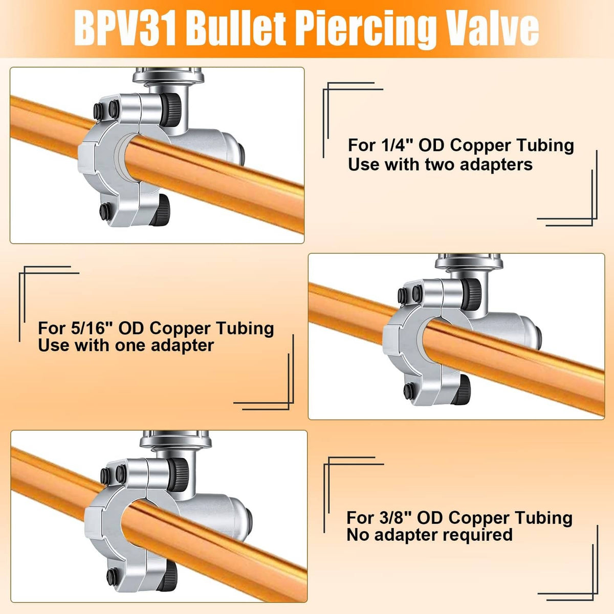 Silver bullet piercing valve with clamp for copper tubing, shown with adapters