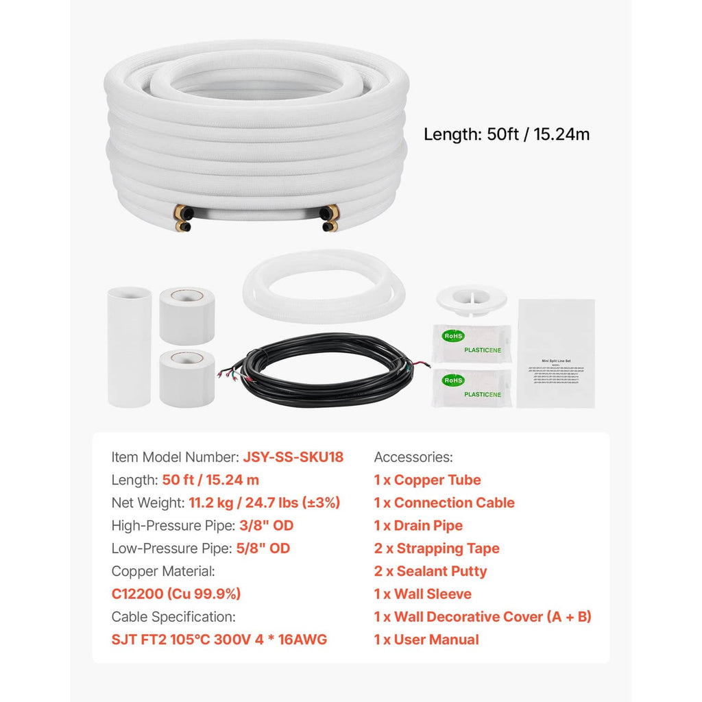 50ft mini split line set kit with white insulated tubing coil and included accessories