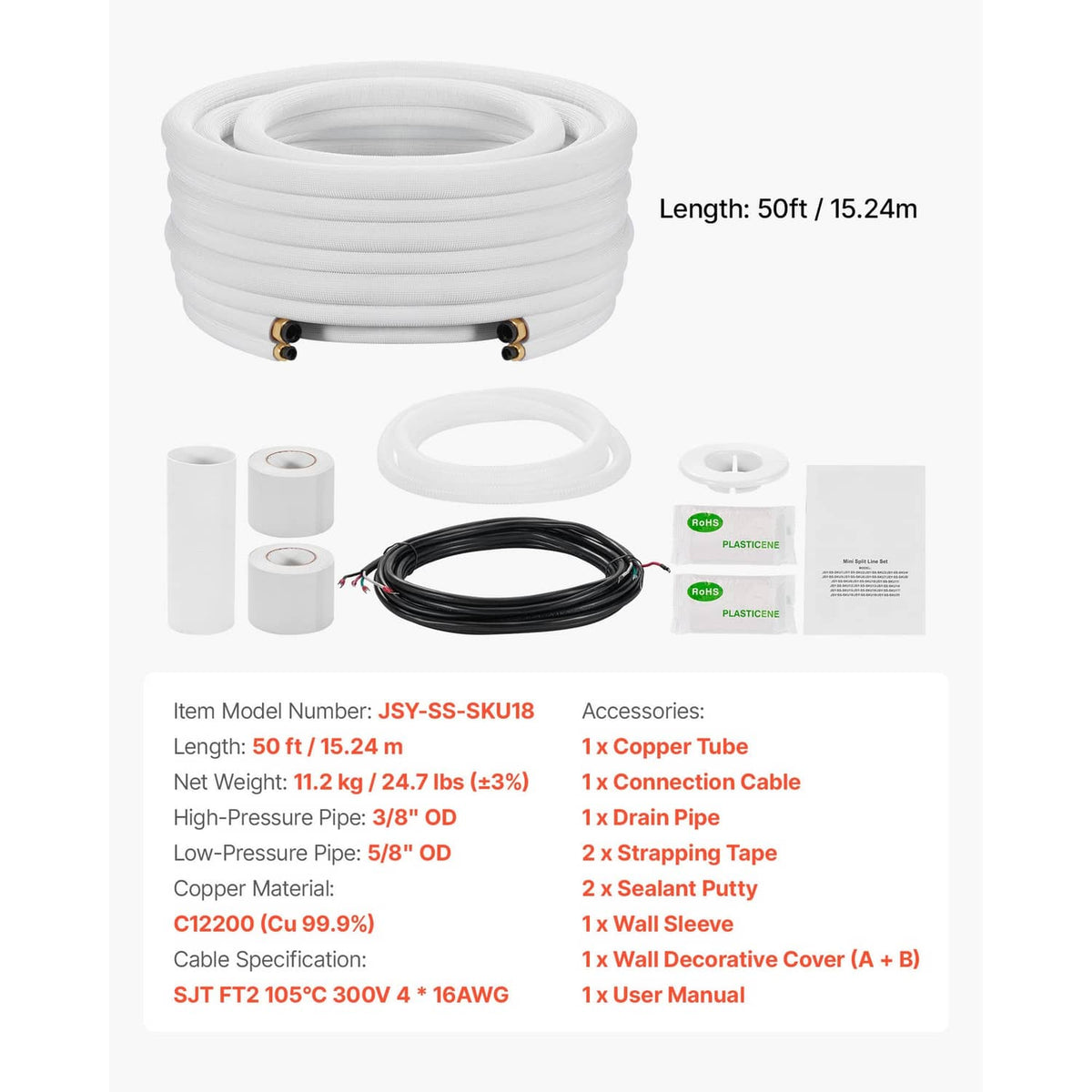 50ft mini split line set kit with white insulated tubing coil and included accessories