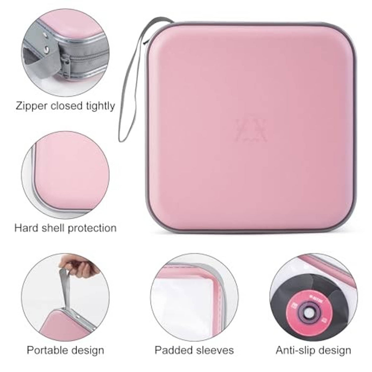 Light pink hard-shell CD case with tightly closed zipper and carry loop