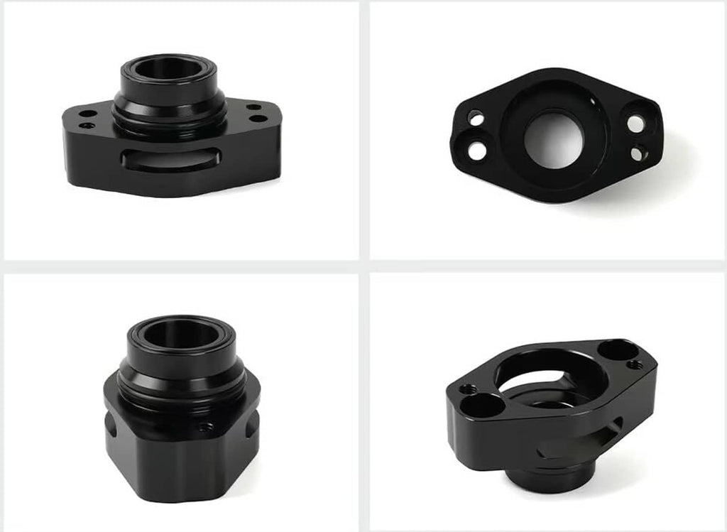Black turbo blow off valve adapter with mounting flange and central threaded port